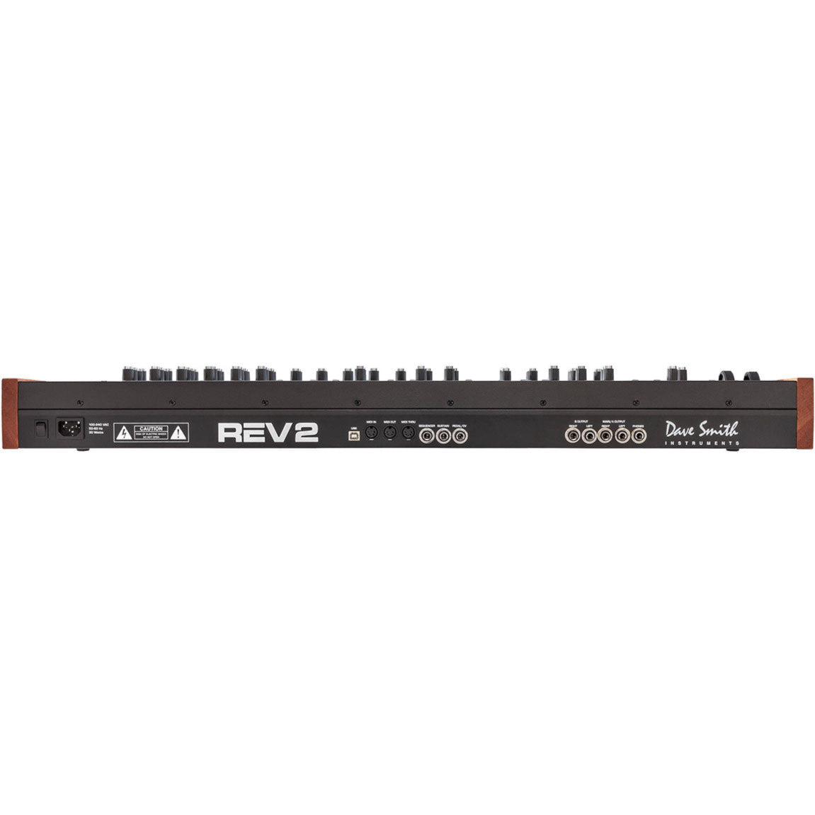 Sequential Prophet Rev2-16 synthesizer with 16-voice polyphony, featuring a sleek control panel and multiple knobs and buttons.