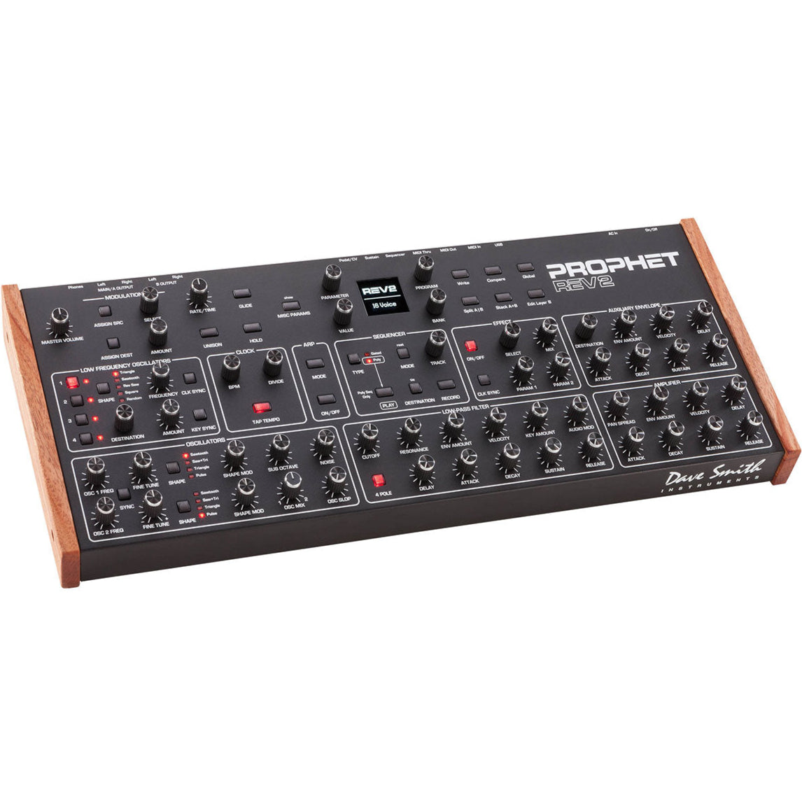 Sequential Prophet Rev2-16 desktop synthesizer with 16-voice polyphony and a compact design, featuring multiple knobs and controls.