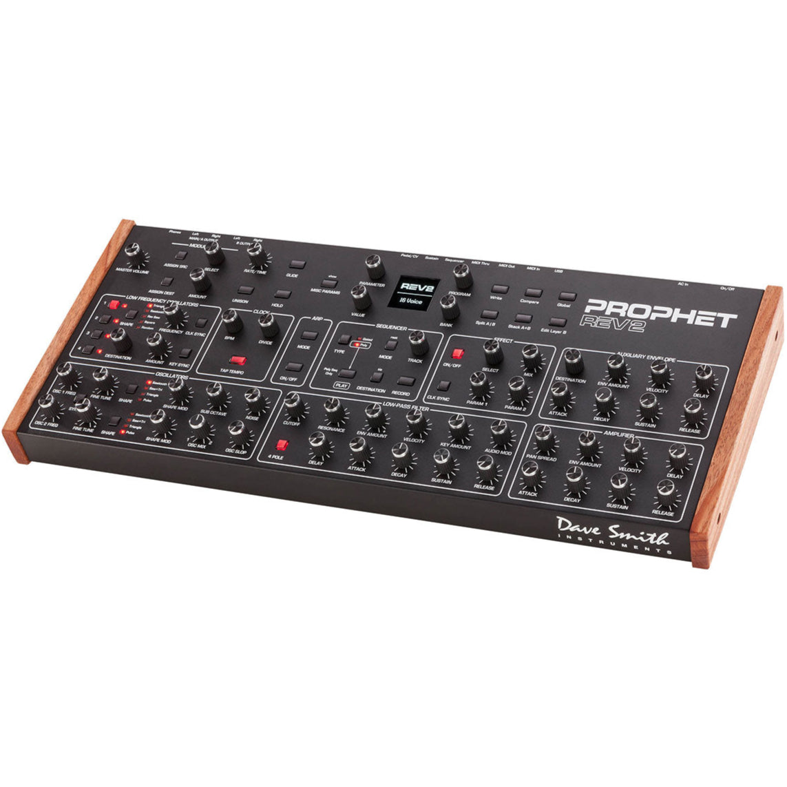 Sequential Prophet Rev2-16 Desktop synthesizer with a compact design, featuring multiple knobs and a digital display for sound shaping.