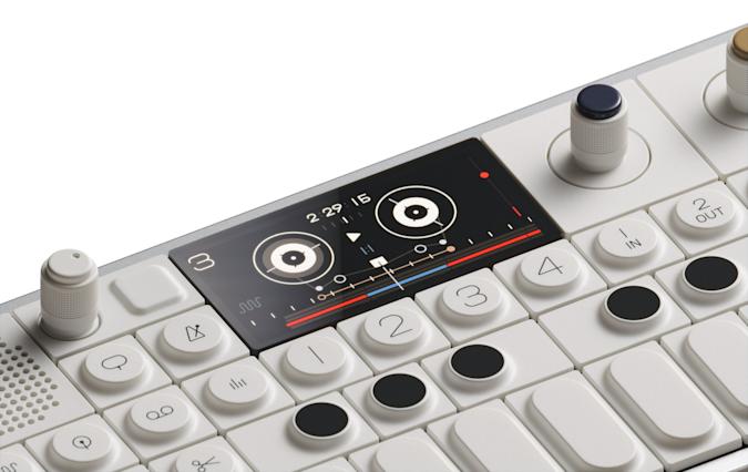 Teenage Engineering OP-1 Field synthesizer with colorful knobs, screen, and control buttons on a sleek black device.