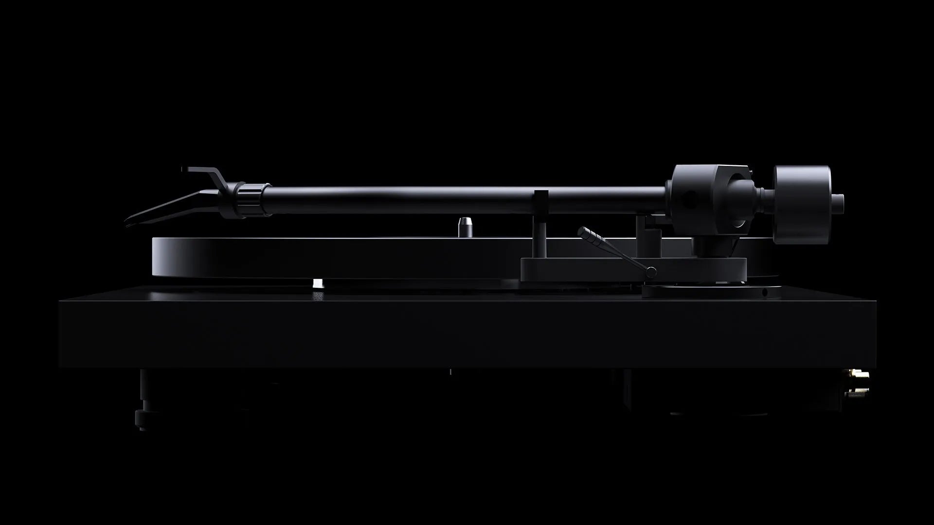 Side view of Pro-Ject Debut Pro S turntable in satin black, showcasing its sleek design and high-quality build.