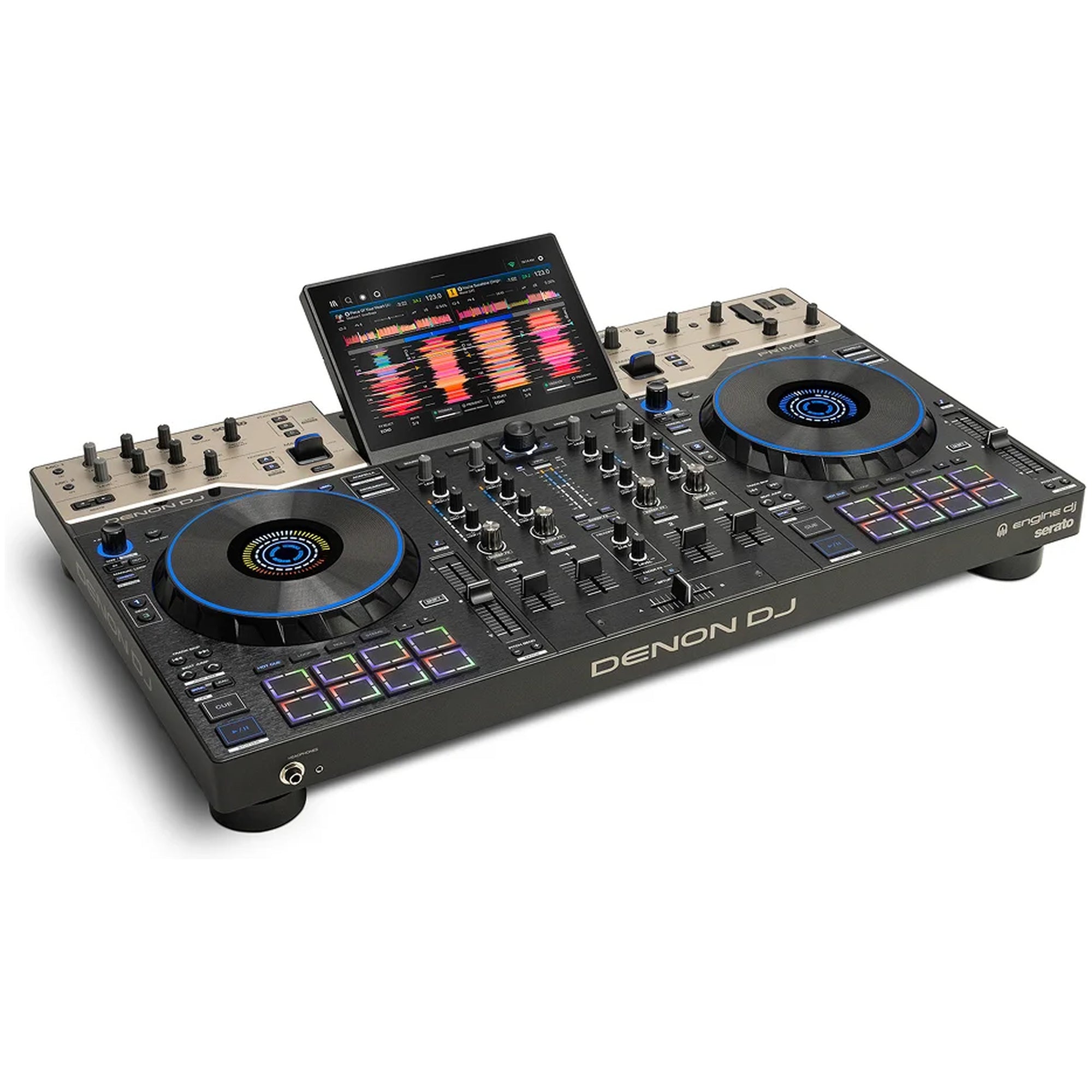 Denon DJ Prime 4 G2, angled view showing jog wheels, mixer and touchscreen