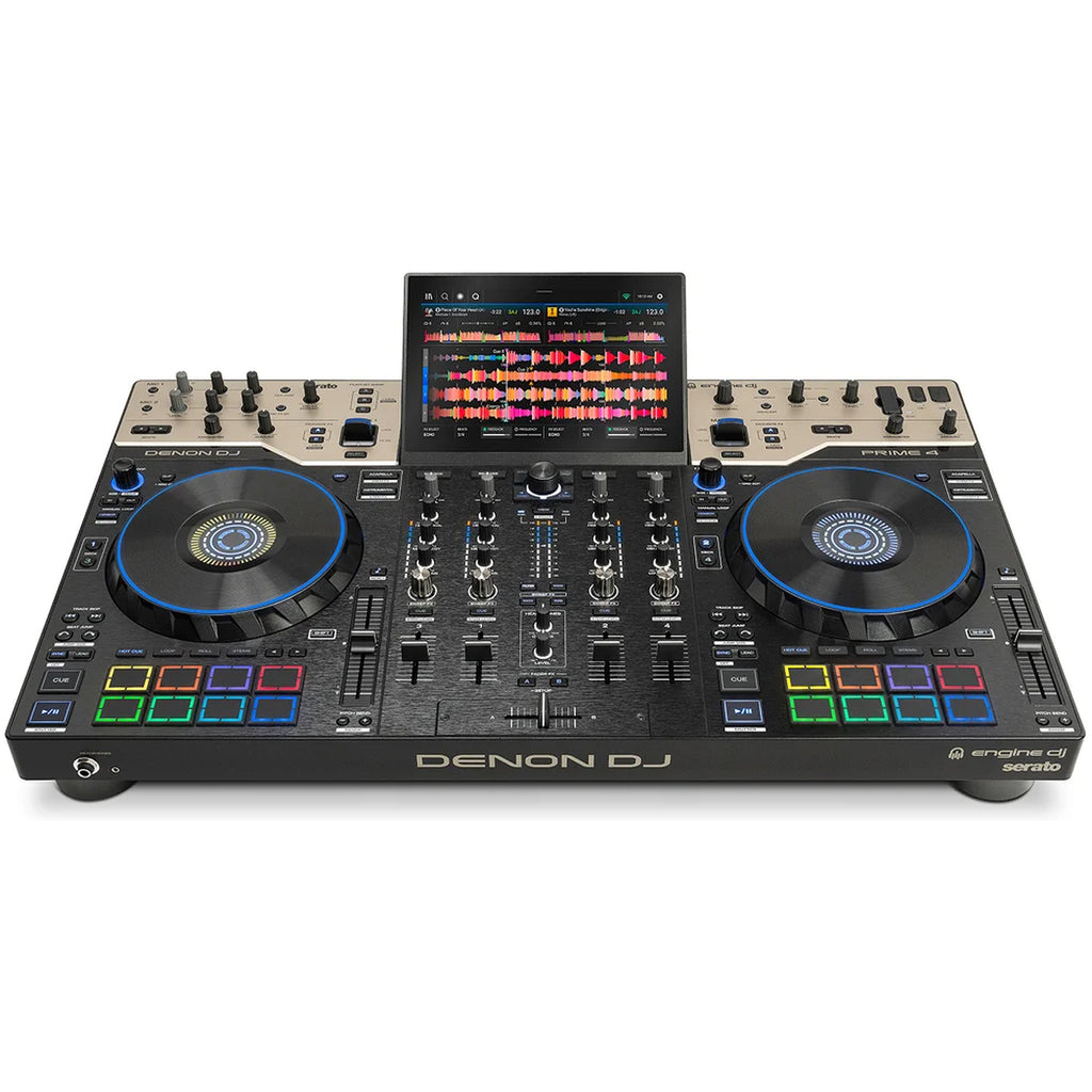 Denon DJ Prime 4 G2, front three-quarter view of the four-deck standalone DJ system