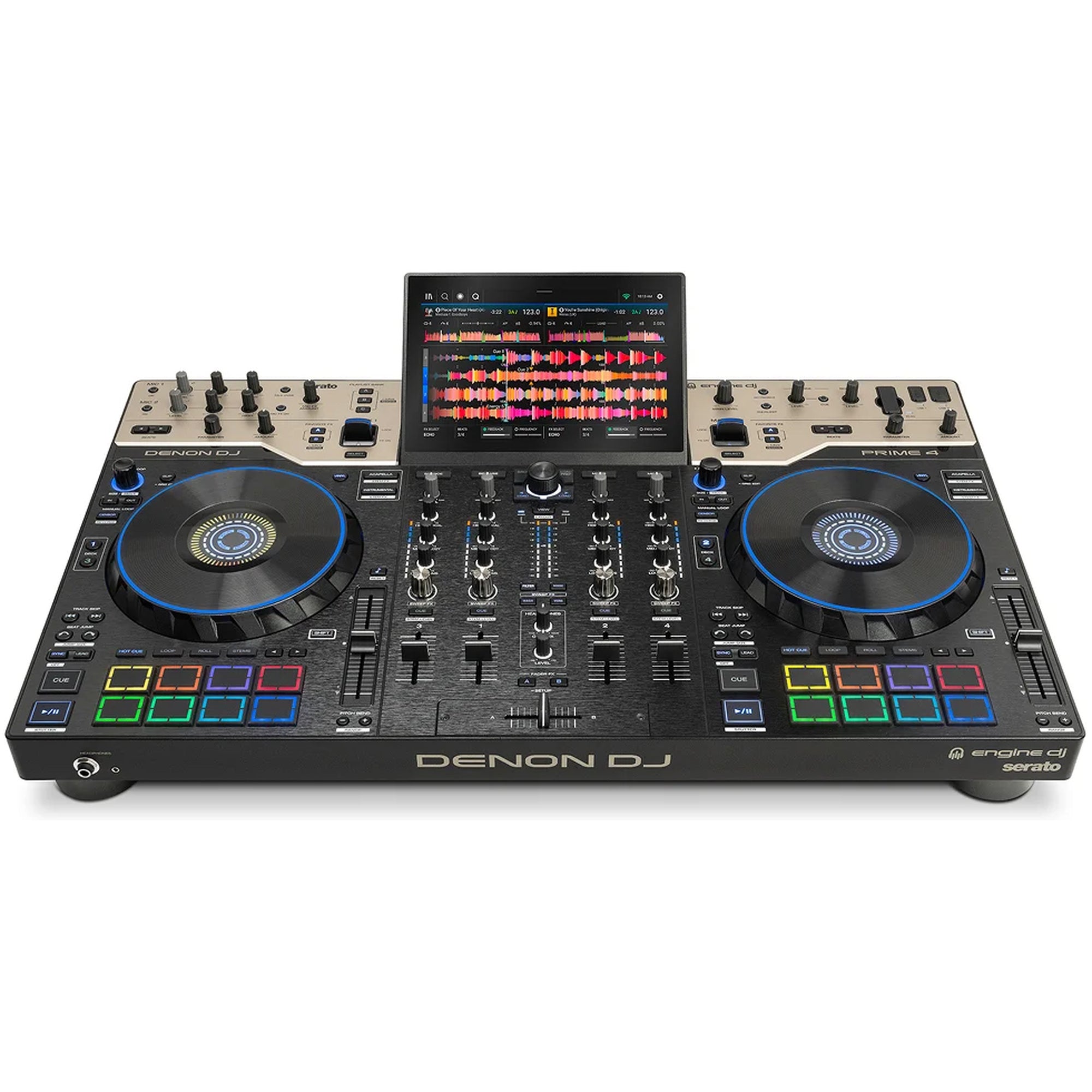 Denon DJ Prime 4 G2, front three-quarter view of the four-deck standalone DJ system