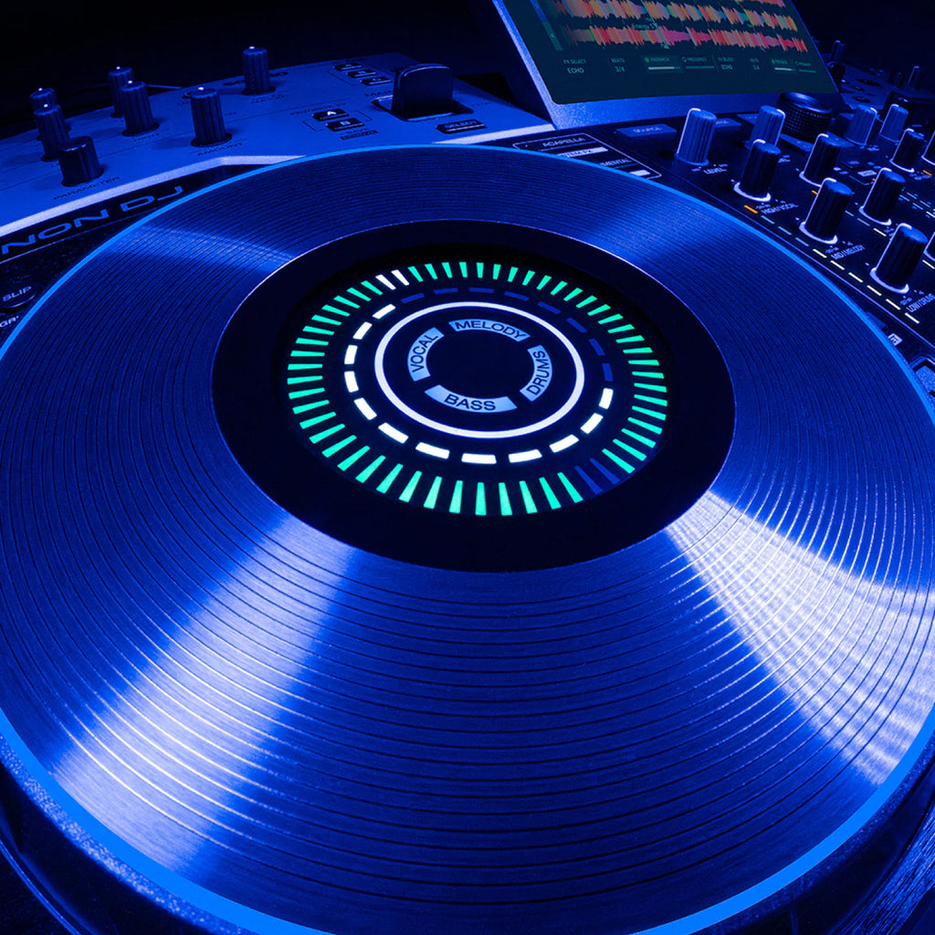 Denon DJ Prime 4 G2, 8-inch jog wheel with its RGB LED display lit