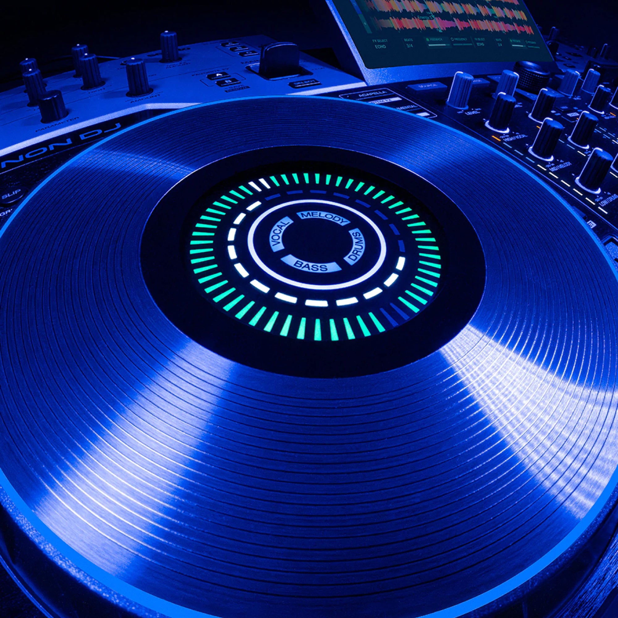 Denon DJ Prime 4 G2, 8-inch jog wheel with its RGB LED display lit
