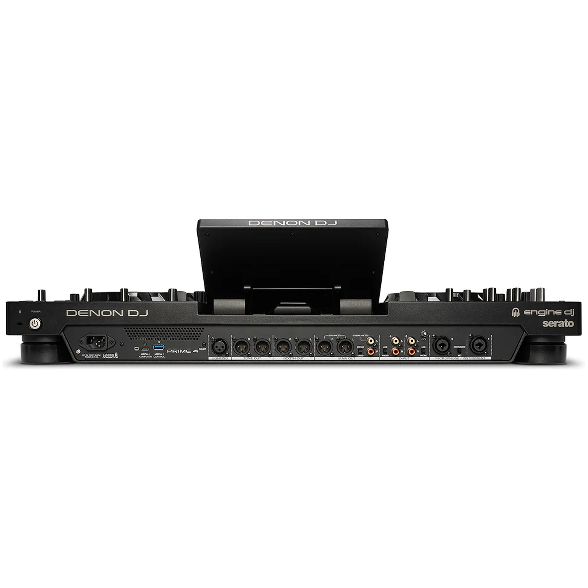 Denon DJ Prime 4 G2, rear panel with XLR main, booth and zone outputs and DMX out