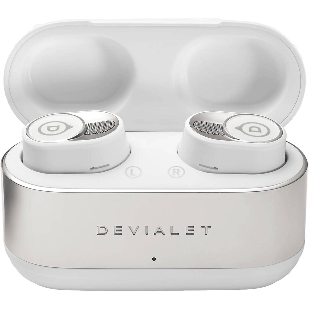 Devialet Gemini II wireless in-ear headphones, white charging case open