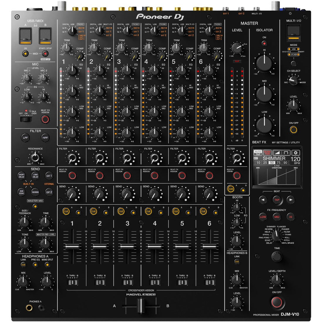 Pioneer DJM-V10 DJ mixer with multiple channels, professional controls, and colorful LED indicators on a sleek black surface.
