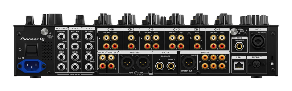 Pioneer DJM-V10 DJ mixer with multiple channels, colorful LED displays, and professional controls for DJ performances.