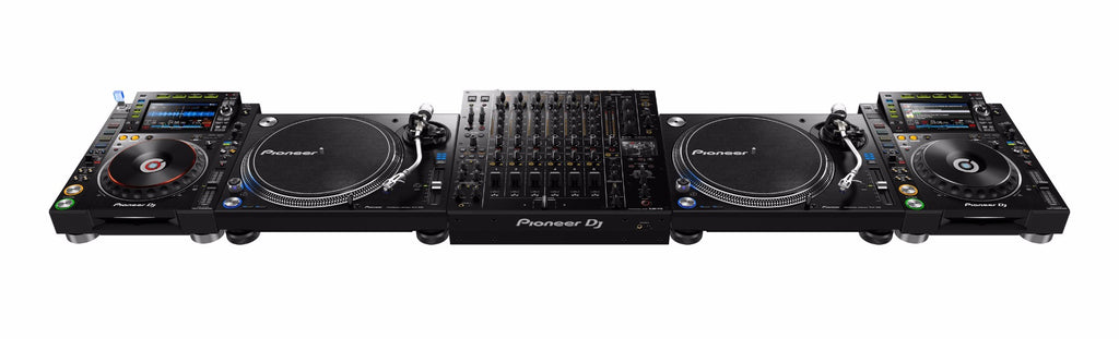 Pioneer DJM-V10 DJ mixer with multiple channels, detailed controls, and professional audio interface for DJ performances.