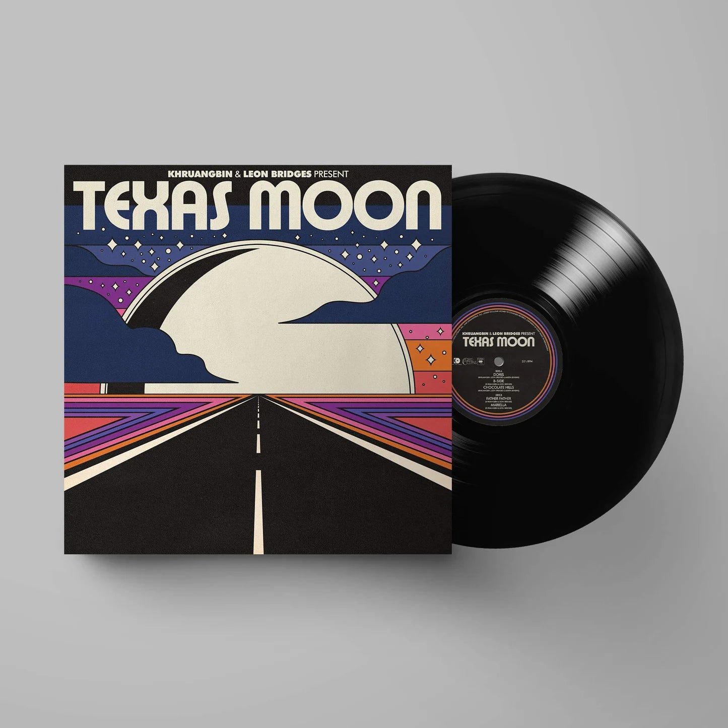 Black vinyl LP of Khruangbin & Leon Bridges' Texas Moon album by Dead Oceans, featuring a sleek black record and album cover art.