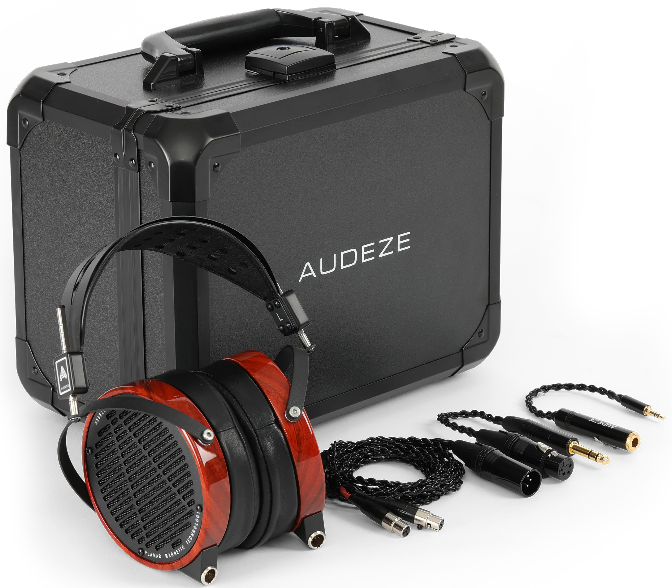 Audeze LCD-2 leather wired headphones with large ear cups and headband, showing their sleek black design and premium materials.