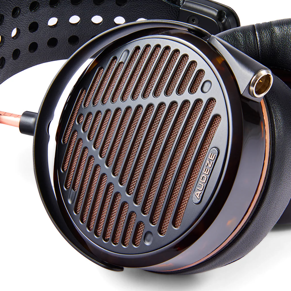 Audeze LCD-5 wired headphones with large ear cups and headband, featuring sleek black design and high-quality audio components.