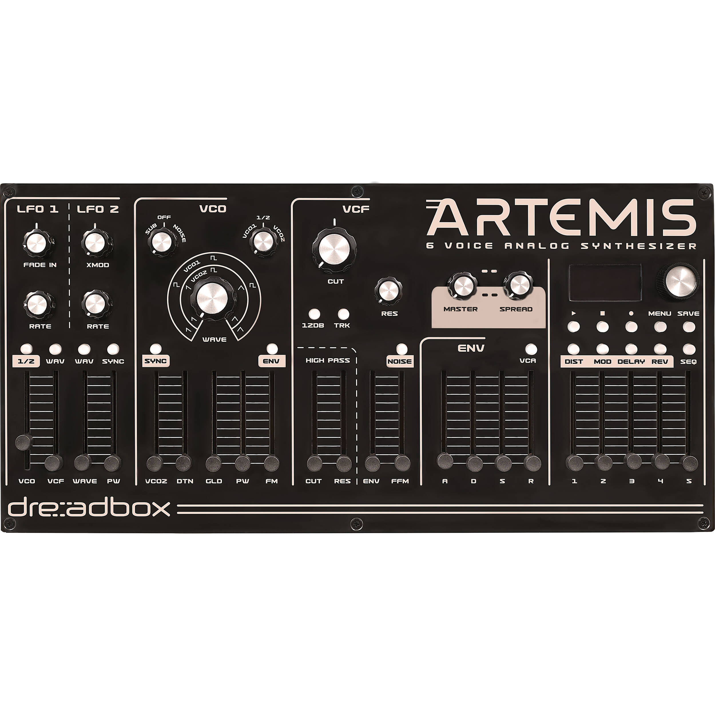 Dreadbox Artemis synthesizers, retail packaging