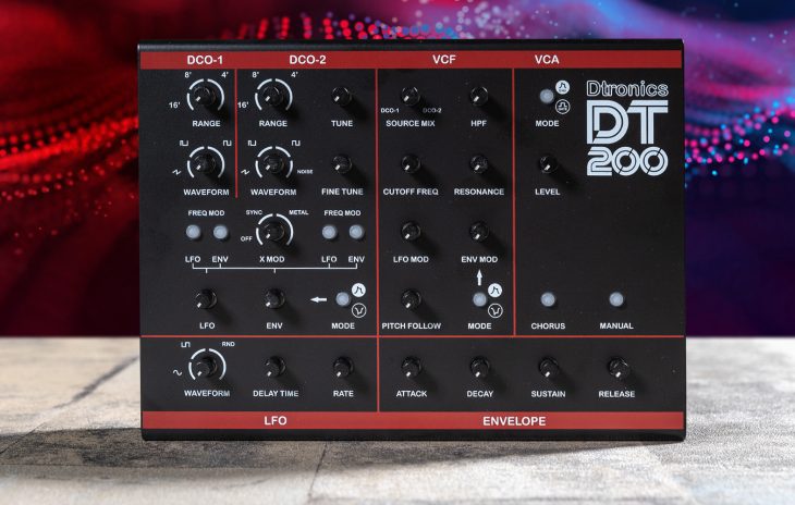 Dtronics DT-200 V3 synthesizer with control knobs and display, showcasing its electronic interface and modern design.