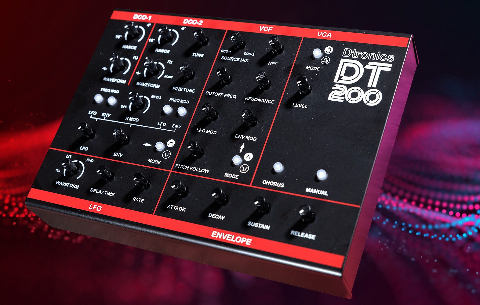 Dtronics DT-200 V3 synthesizer with control knobs and display, showcasing its compact electronic musical instrument design.