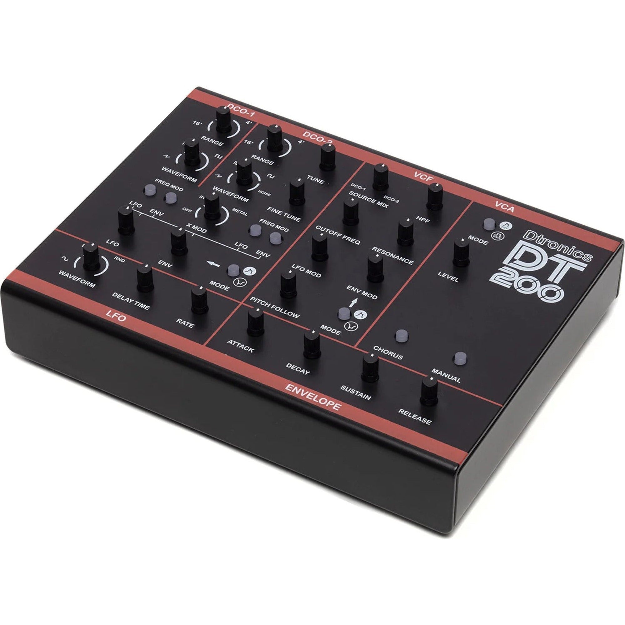Dtronics DT-200 V3 synthesizer with knobs, buttons, and display, showcasing its compact, professional electronic music instrument.