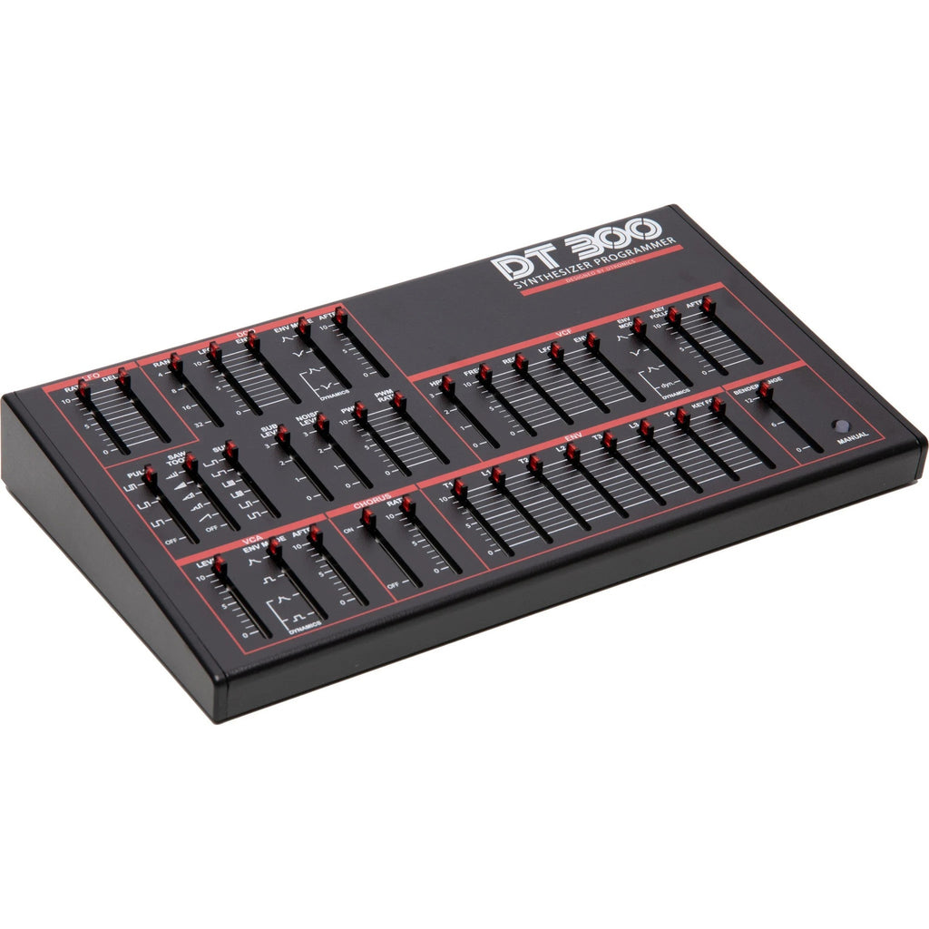 Dtronics DT-300 V2 synthesizer with control knobs and colorful interface, showcasing its compact design and modern features.