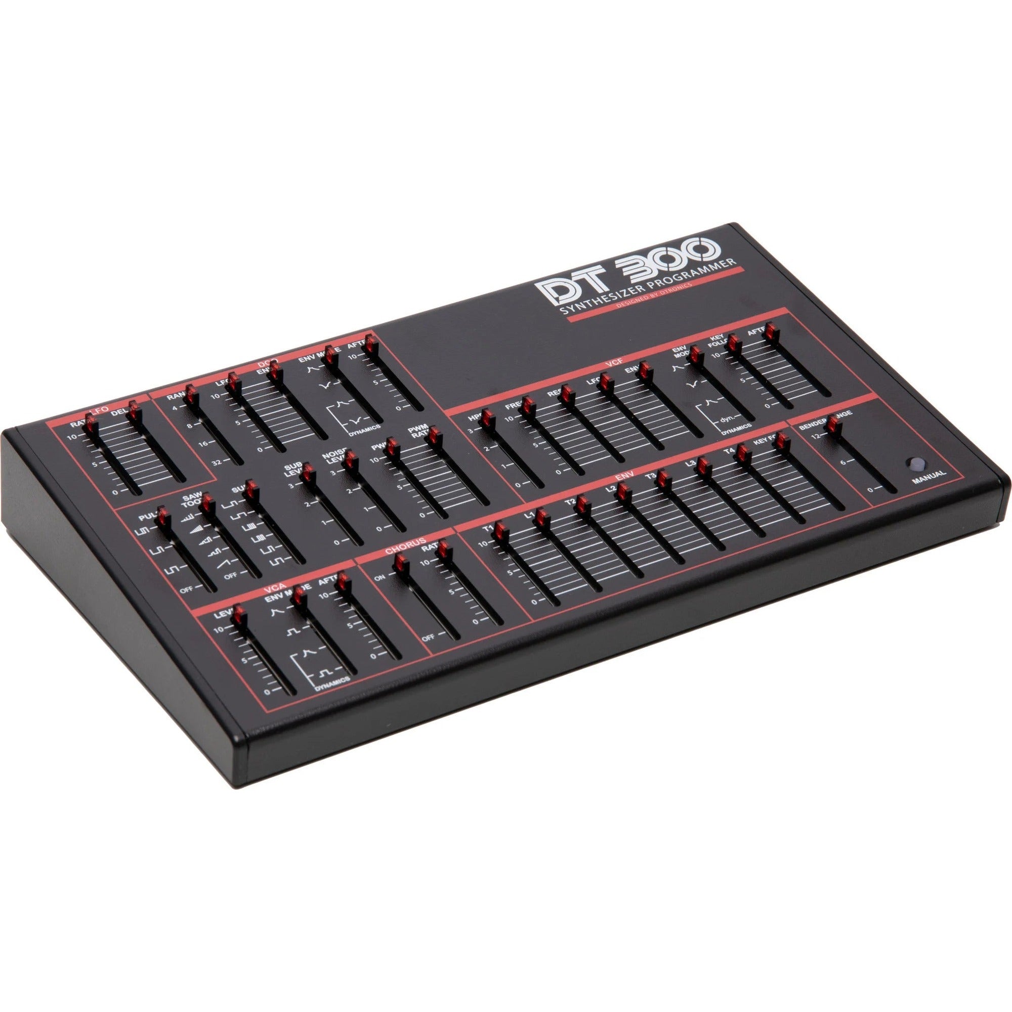 Dtronics DT-300 V2 synthesizer with control knobs and colorful interface, showcasing its compact design and modern features.