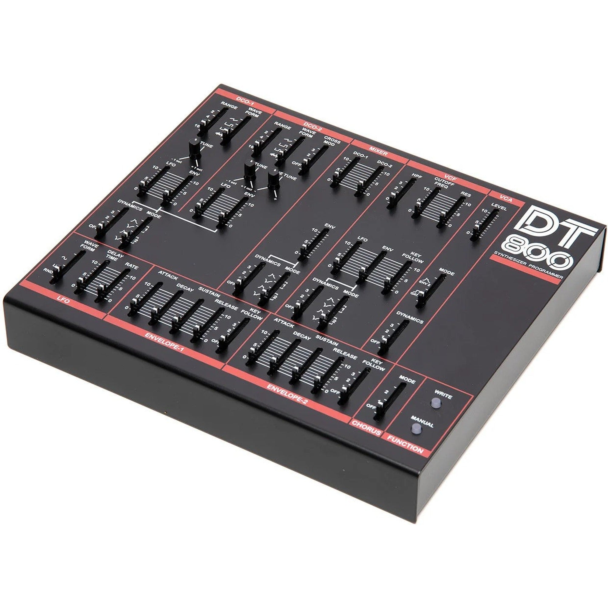 Dtronics DT-800 synthesizer with control knobs, buttons, and display panel, showcasing its electronic music production interface.