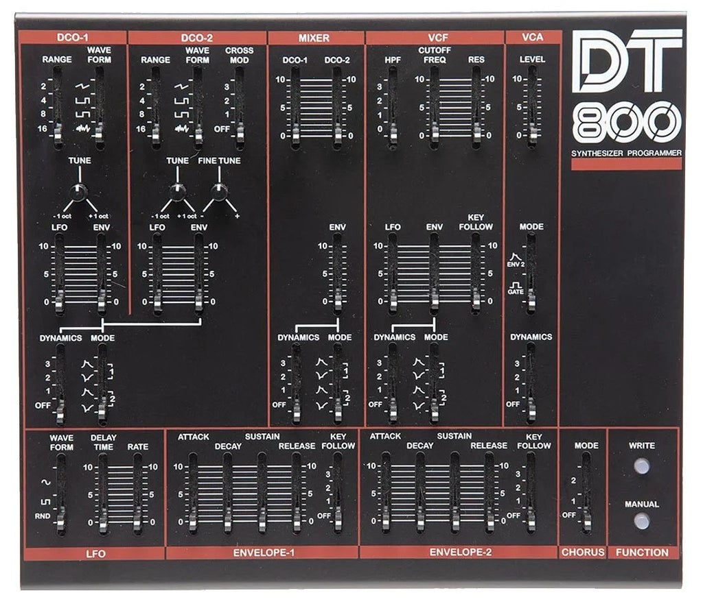 Dtronics DT-800 synthesizer with control knobs and display, showcasing its electronic interface and modern design.