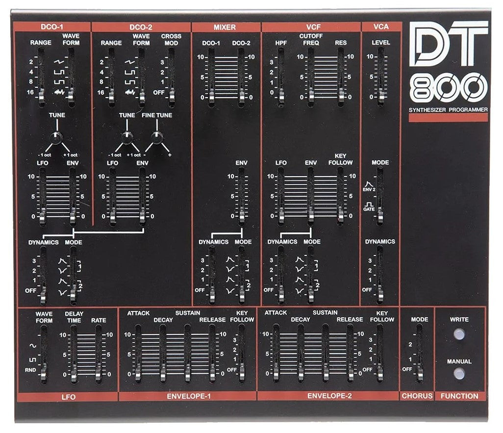 Dtronics DT-800 synthesizer with control knobs and display, showcasing its electronic interface and modern design.