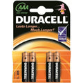 Duracell AAA/LR03 alkaline batteries, 4-pack, basic MN2400 model, showing the batteries with Duracell branding.