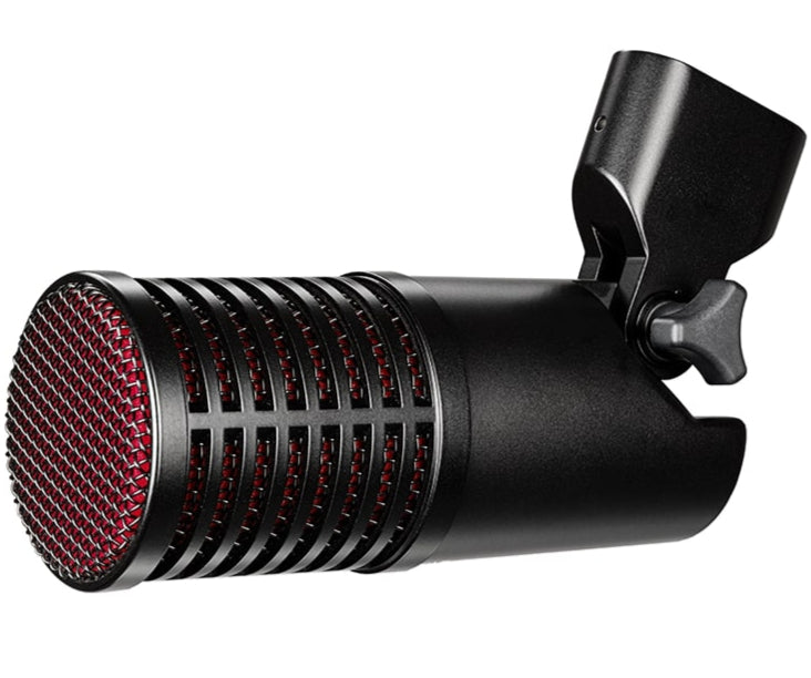 SE Electronics DynaCaster DCM8 dynamic microphone shown from the side with a black grille and silver body.