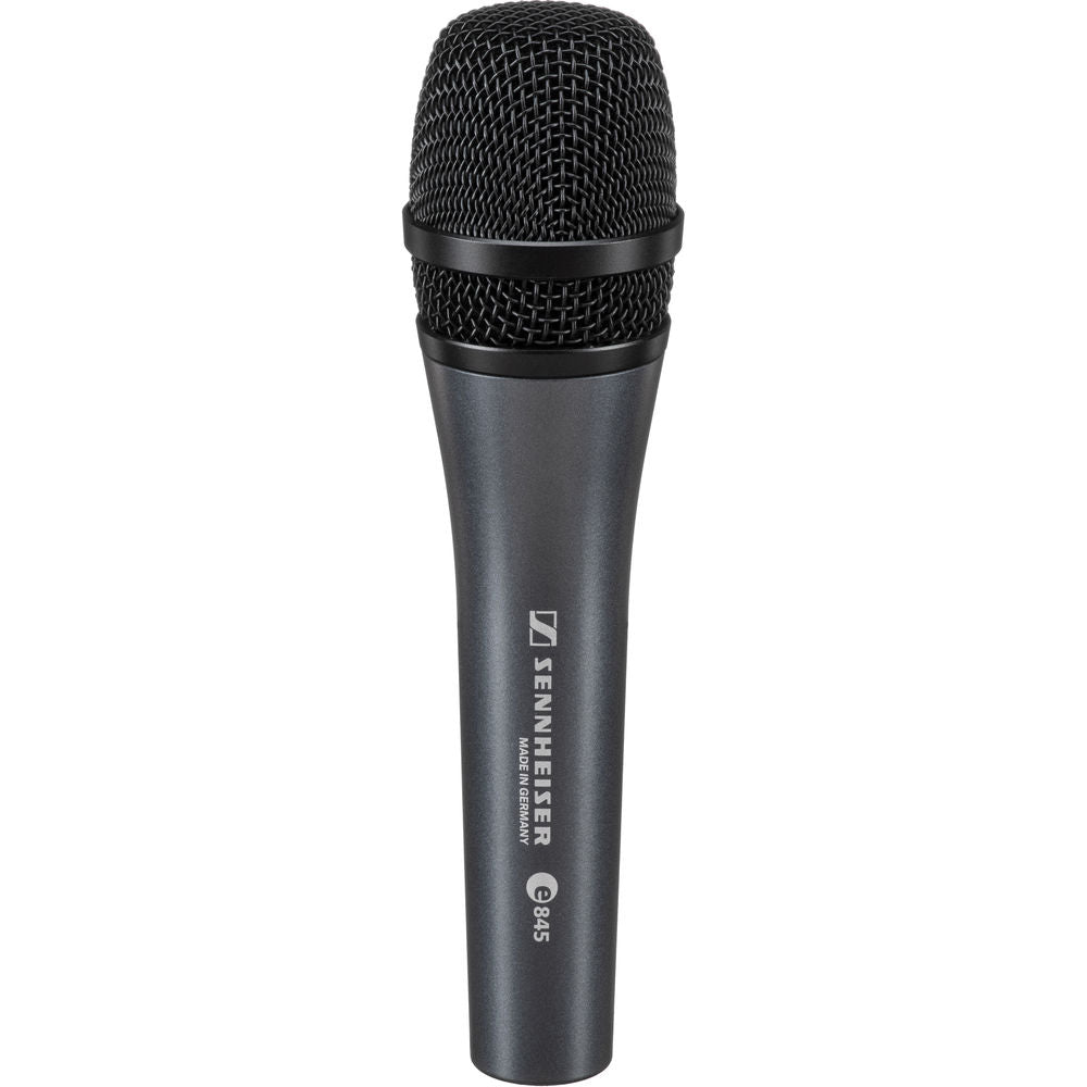 Sennheiser E 845 dynamic microphone with cardioid pattern, handheld design, suitable for vocals and live performances.