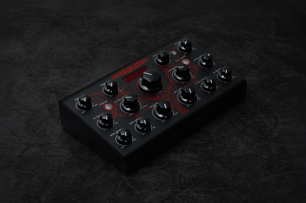 Erica Synths Echolocator effects pedal with black and beige design, featuring multiple knobs and input/output jacks.