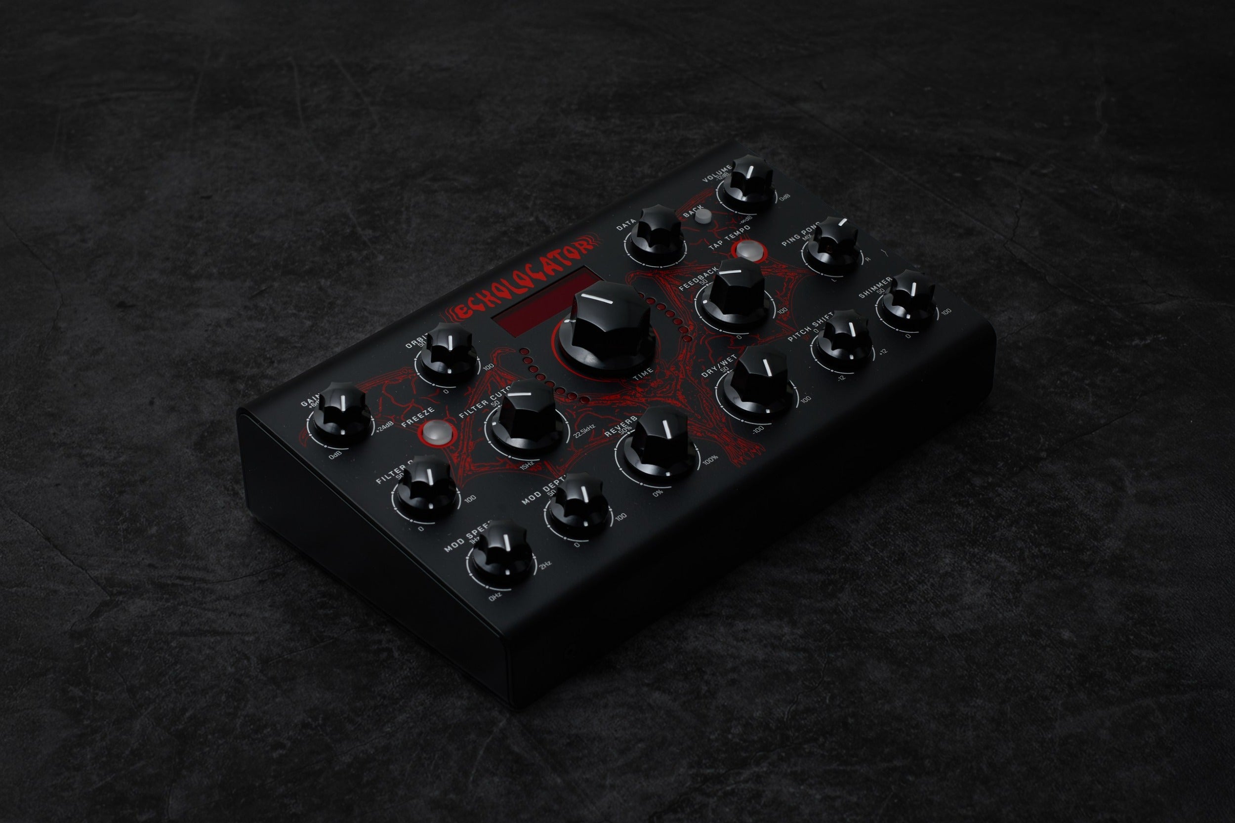 Erica Synths Echolocator effects pedal with black and beige design, featuring multiple knobs and input/output jacks.