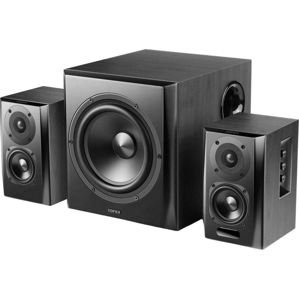 Edifier S351DB desktop speakers with a matching subwoofer, featuring black finish and modern design for home audio setup.