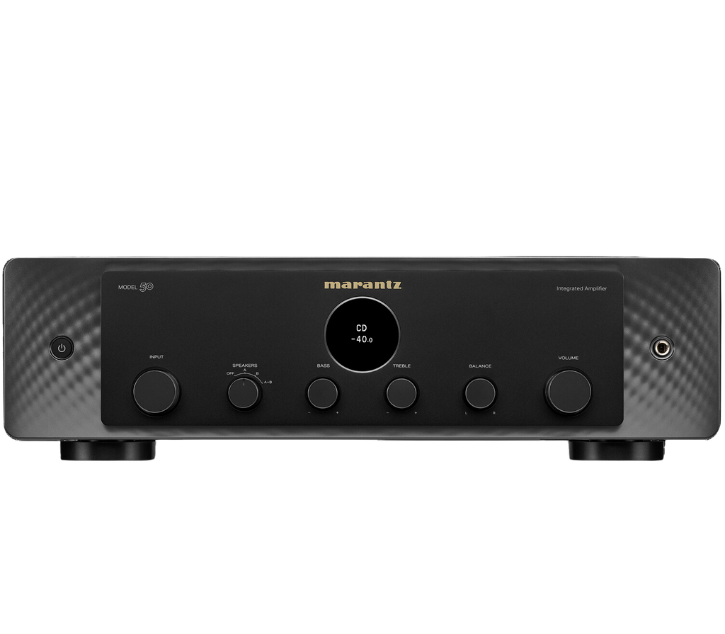 Marantz MODEL 50 stereo amplifier with black metal casing and control knobs, showcasing a sleek vintage audio equipment design.