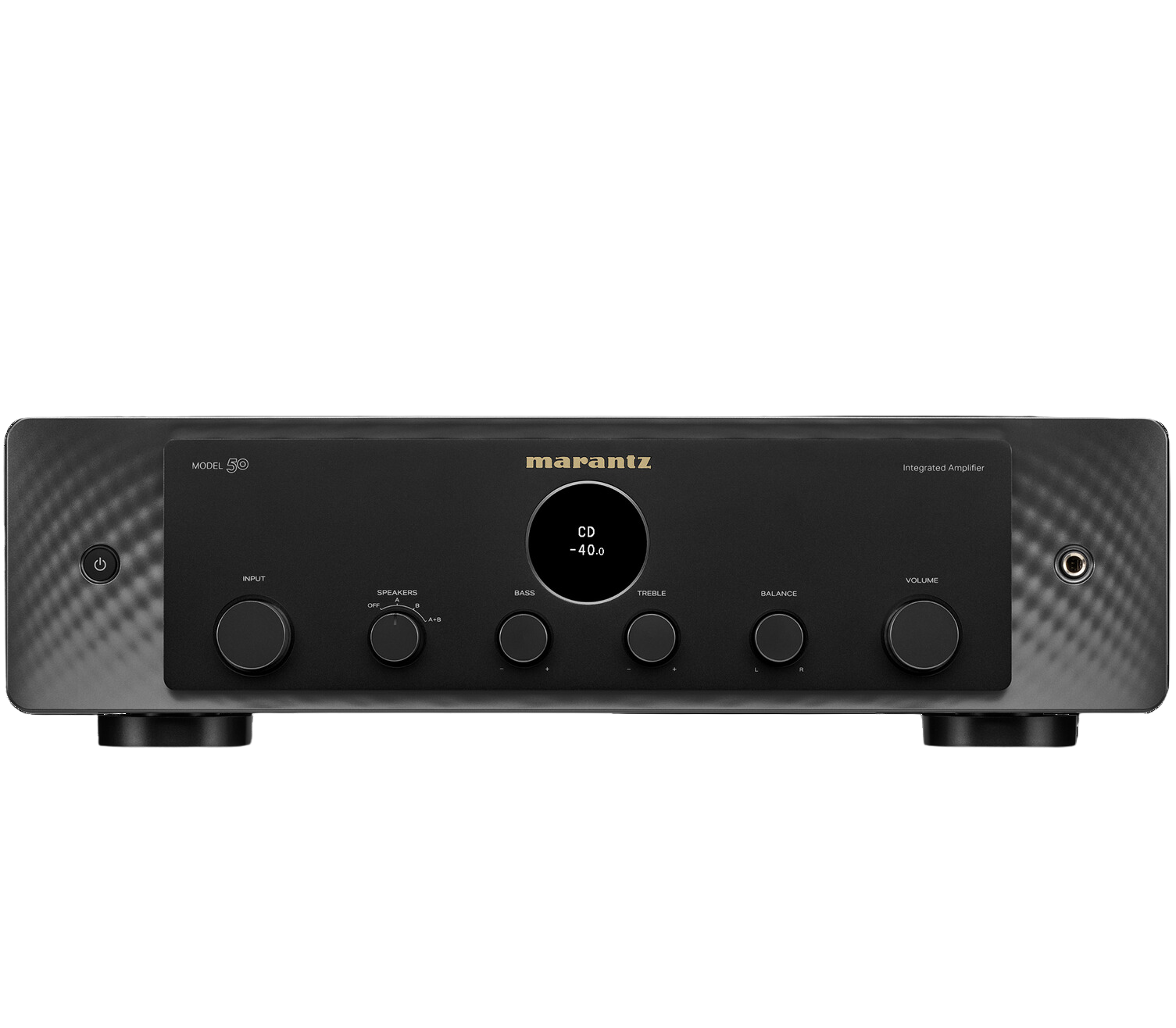 Marantz MODEL 50 stereo amplifier with black metal casing and control knobs, showcasing a sleek vintage audio equipment design.