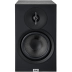 ELAC Debut B6.3 passive bookshelf speakers with black wood finish, showcasing their sleek design and compact size.