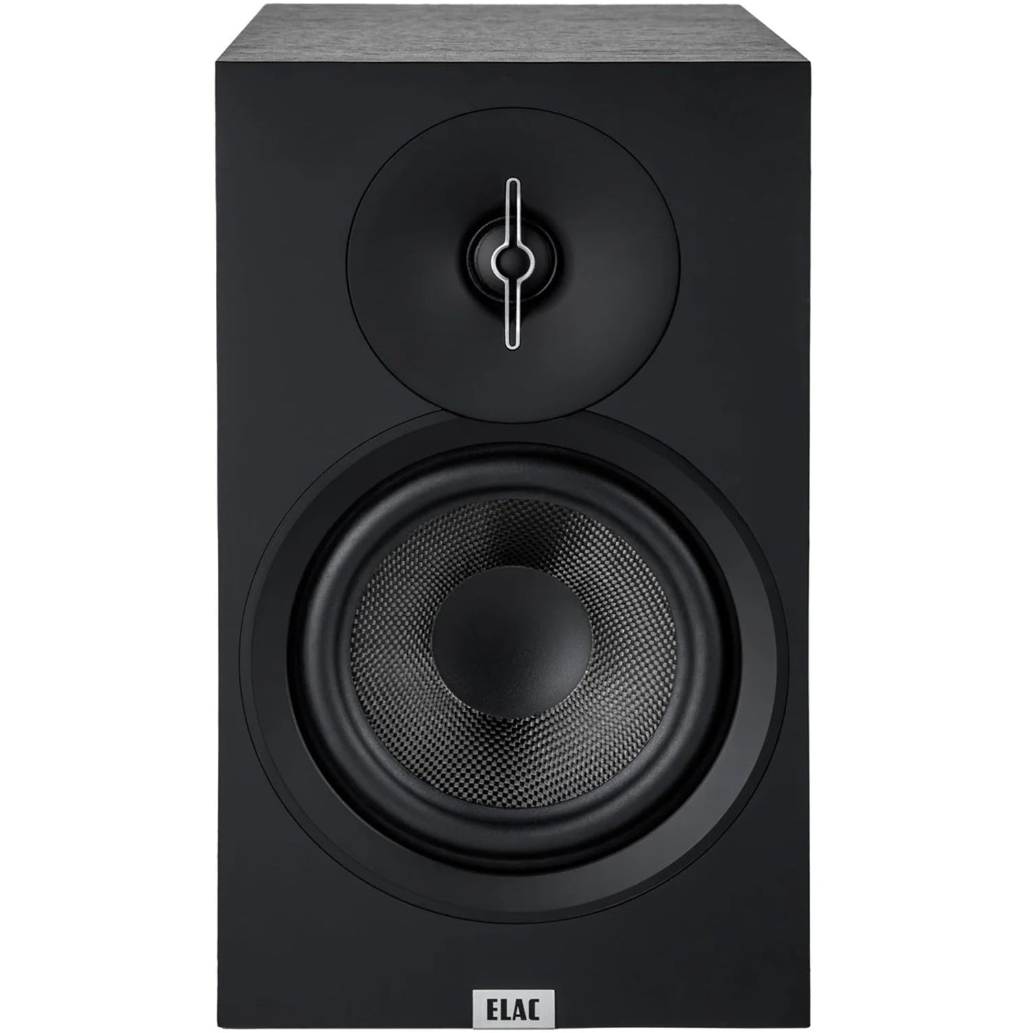 ELAC Debut B6.3 passive bookshelf speakers with black wood finish, showcasing their sleek design and compact size.