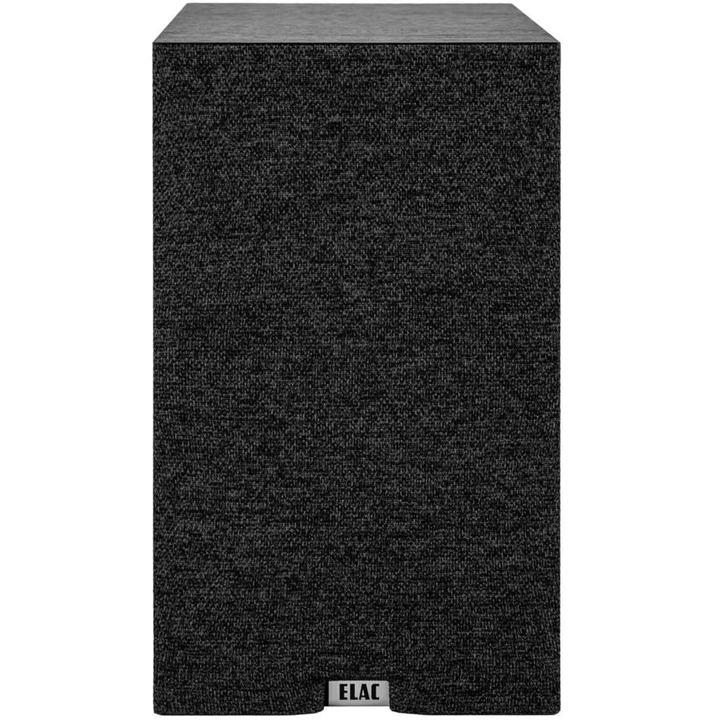 ELAC Debut B6.3 passive bookshelf speakers with black cabinets and front grille, showcasing modern audio design.