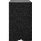 ELAC Debut B6.3 passive bookshelf speakers with black cabinets and front grille, showcasing modern audio design.