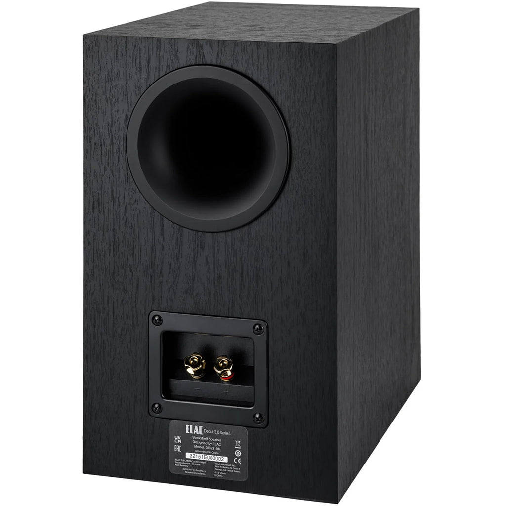 ELAC Debut B6.3 passive bookshelf speakers with black finish, featuring dual drivers and a sleek design for high-quality sound.