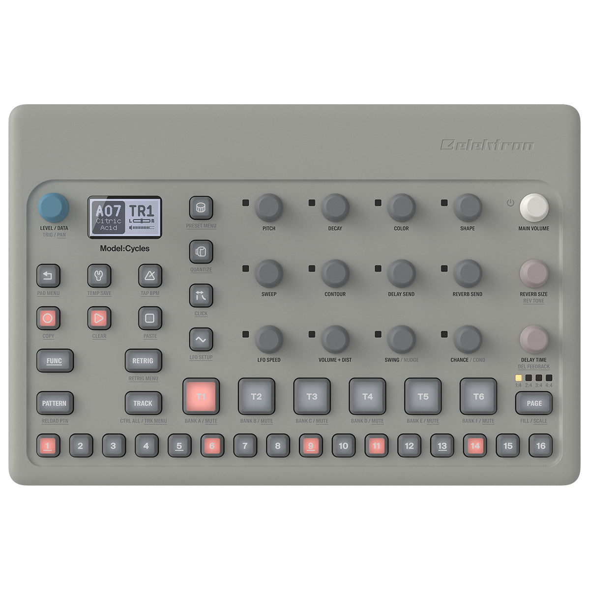 Elektron Model:Cycles drum machine and sampler with colorful buttons and knobs, designed for electronic music production.
