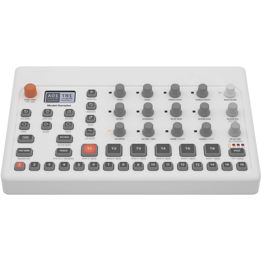 Elektron Model:Samples drum machine and sampler with various controls and pads for music production.