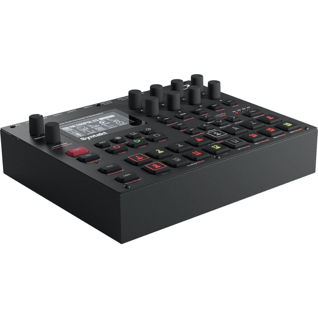 Elektron Syntakt drum machine and sampler with colorful interface and multiple knobs, showcasing its compact, professional music production design.
