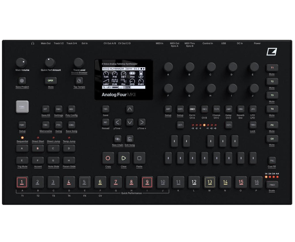 Black Elektron Analog Four MK2 synthesizer with knobs and controls, showing its compact, professional electronic music instrument.
