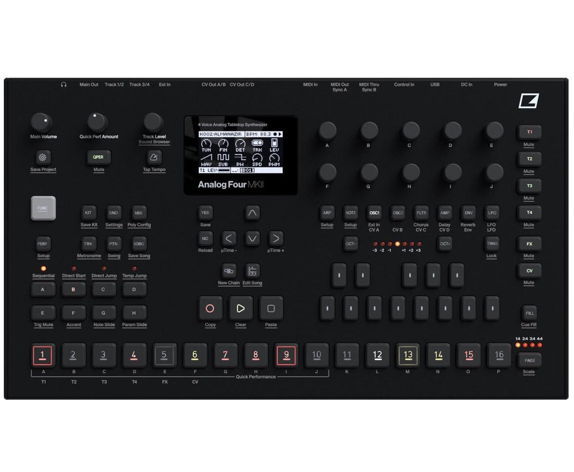 Black Elektron Analog Four MK2 synthesizer with knobs and controls, showing its compact, professional electronic music instrument.