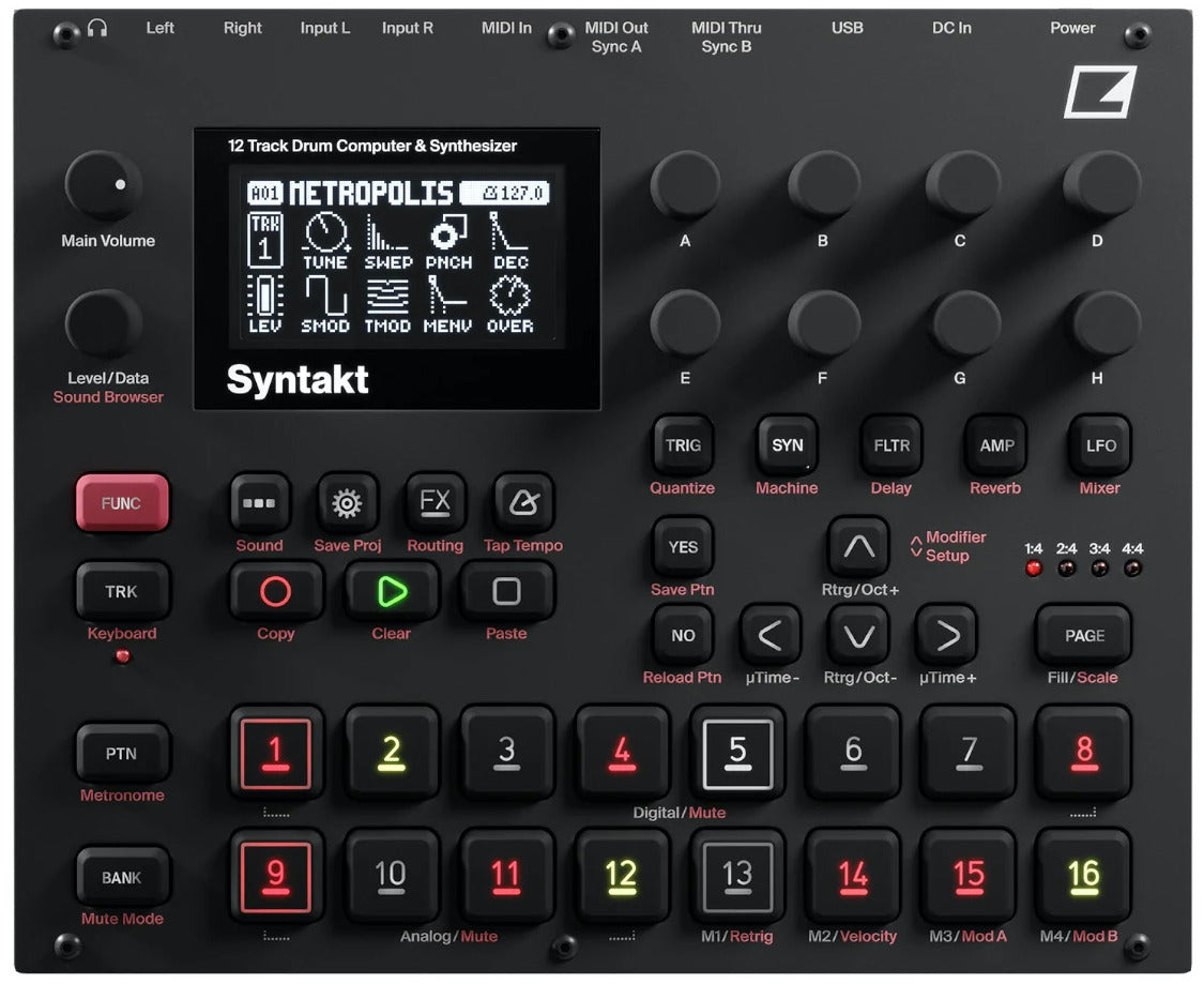 Elektron Syntakt drum machine and sampler with a sleek top view showing its control panel and colorful knobs.