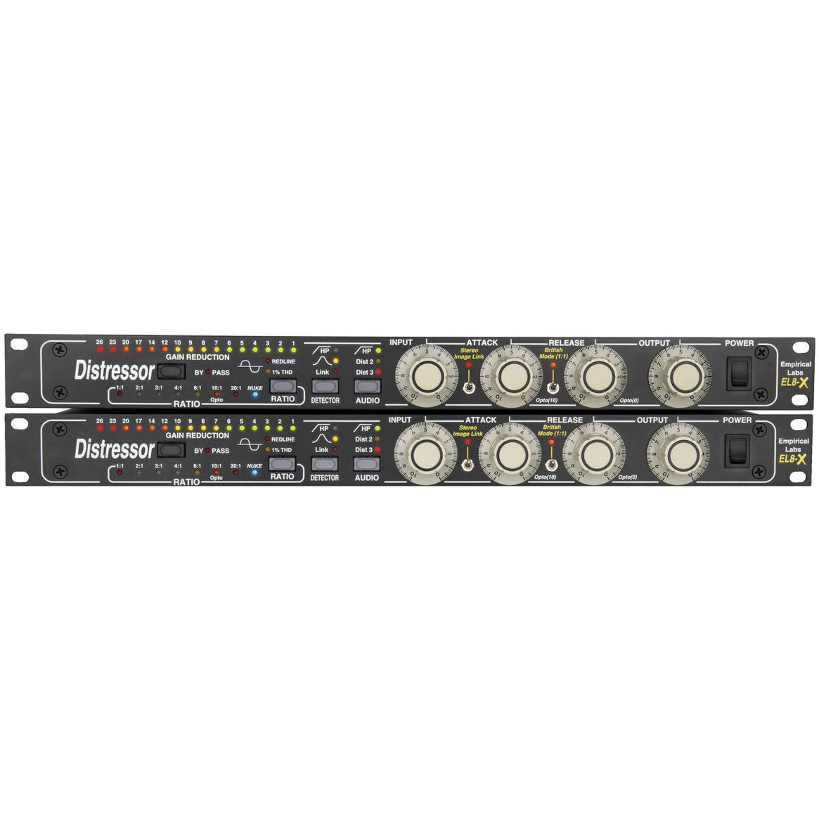 Empirical Labs EL8X-S Distressor compressor with control knobs and display, used in professional audio recording and mixing.