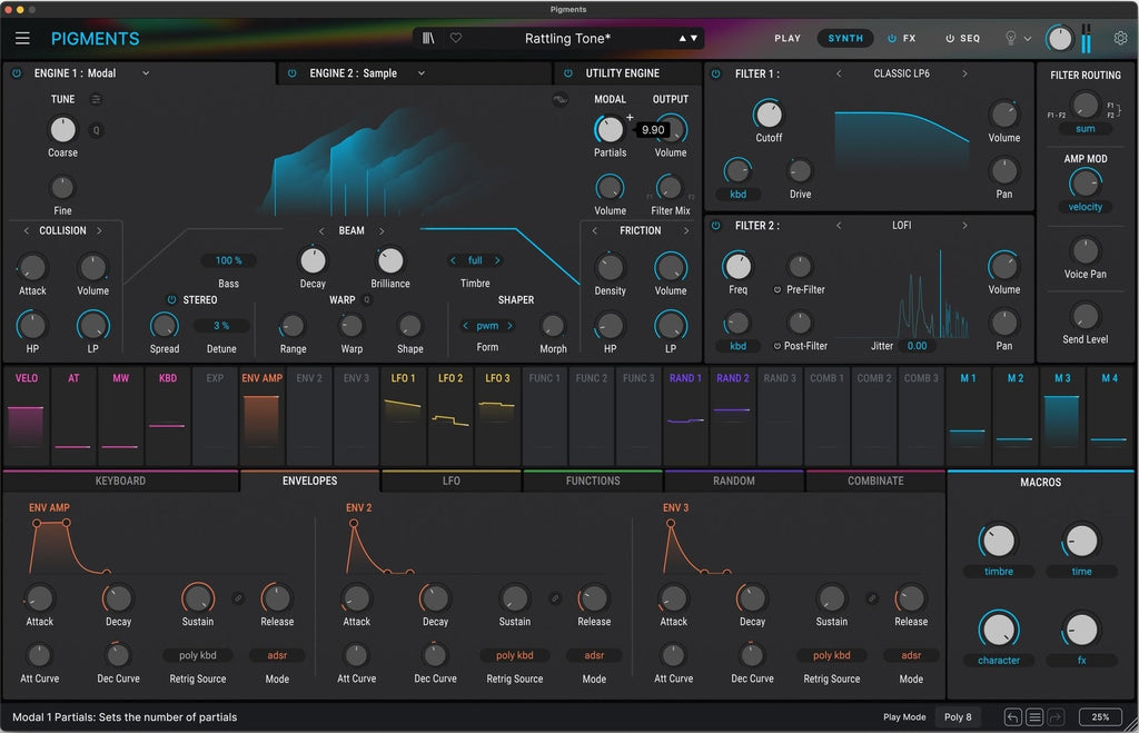 Arturia Pigments 6 music production software interface showing envelopes and modulation controls on a digital screen.