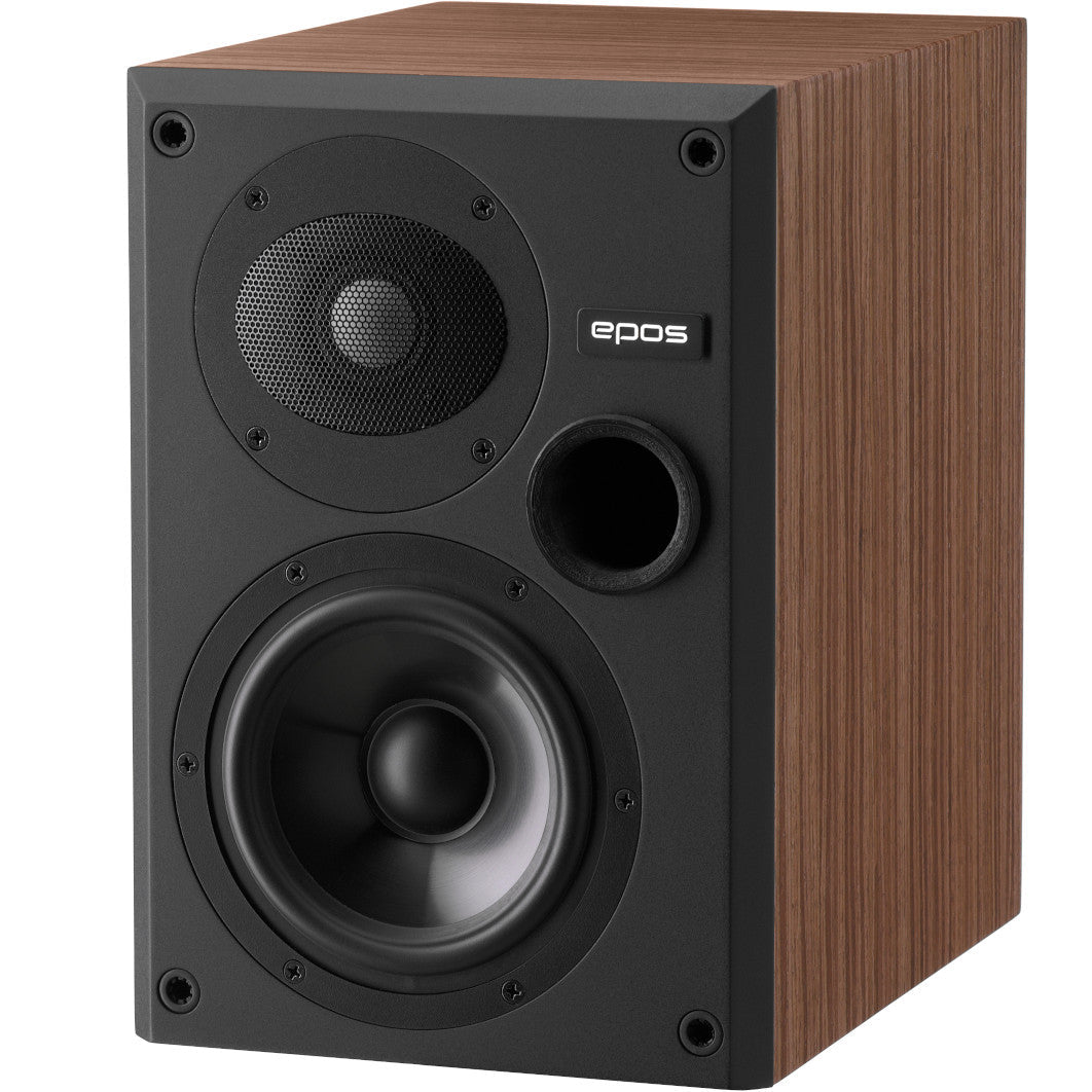 Epos ES-7N passive bookshelf speakers with walnut finish, showing front and side views highlighting their sleek design.