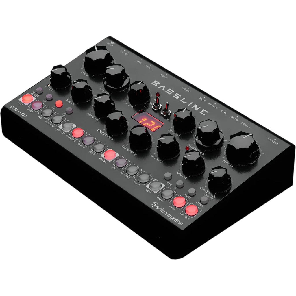 Erica Synths Desktop Bassline DB-01 synthesizer with knobs and patch points, compact desktop design for bass sound creation.